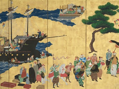 Lot 1248 - A SIX-PANEL BYOBU SCREEN DEPICTING THE ARRIVAL OF A PORTUGUESE SHIP