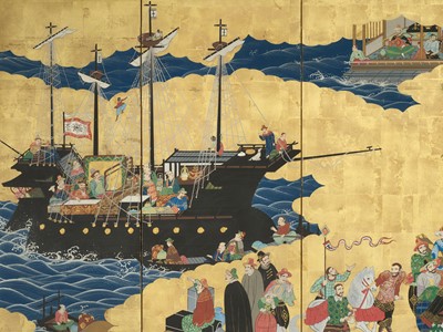 Lot 1248 - A SIX-PANEL BYOBU SCREEN DEPICTING THE ARRIVAL OF A PORTUGUESE SHIP