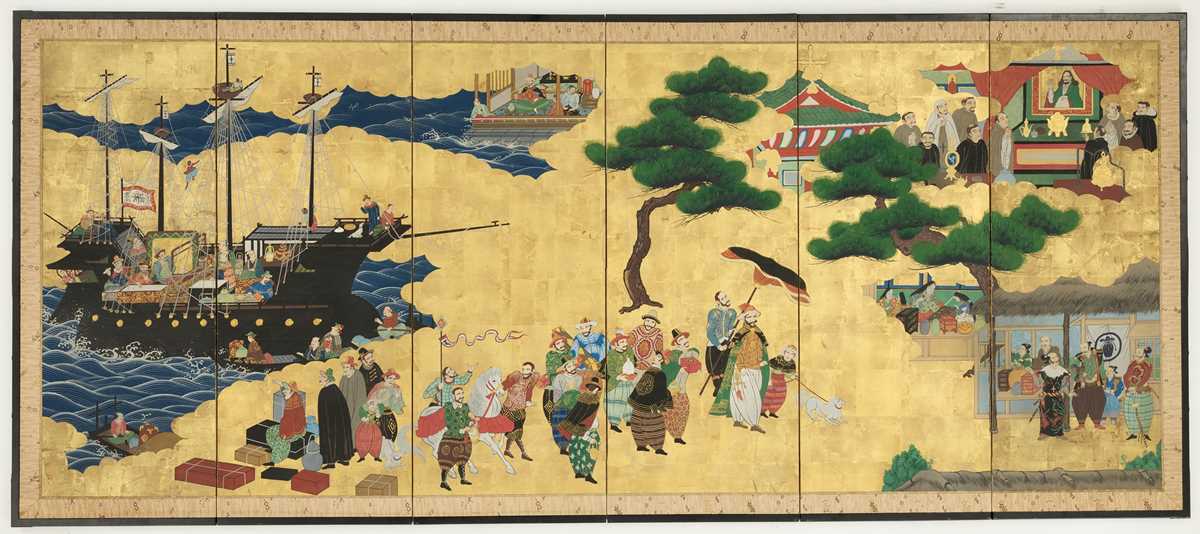 Lot 1248 - A SIX-PANEL BYOBU SCREEN DEPICTING THE ARRIVAL OF A PORTUGUESE SHIP