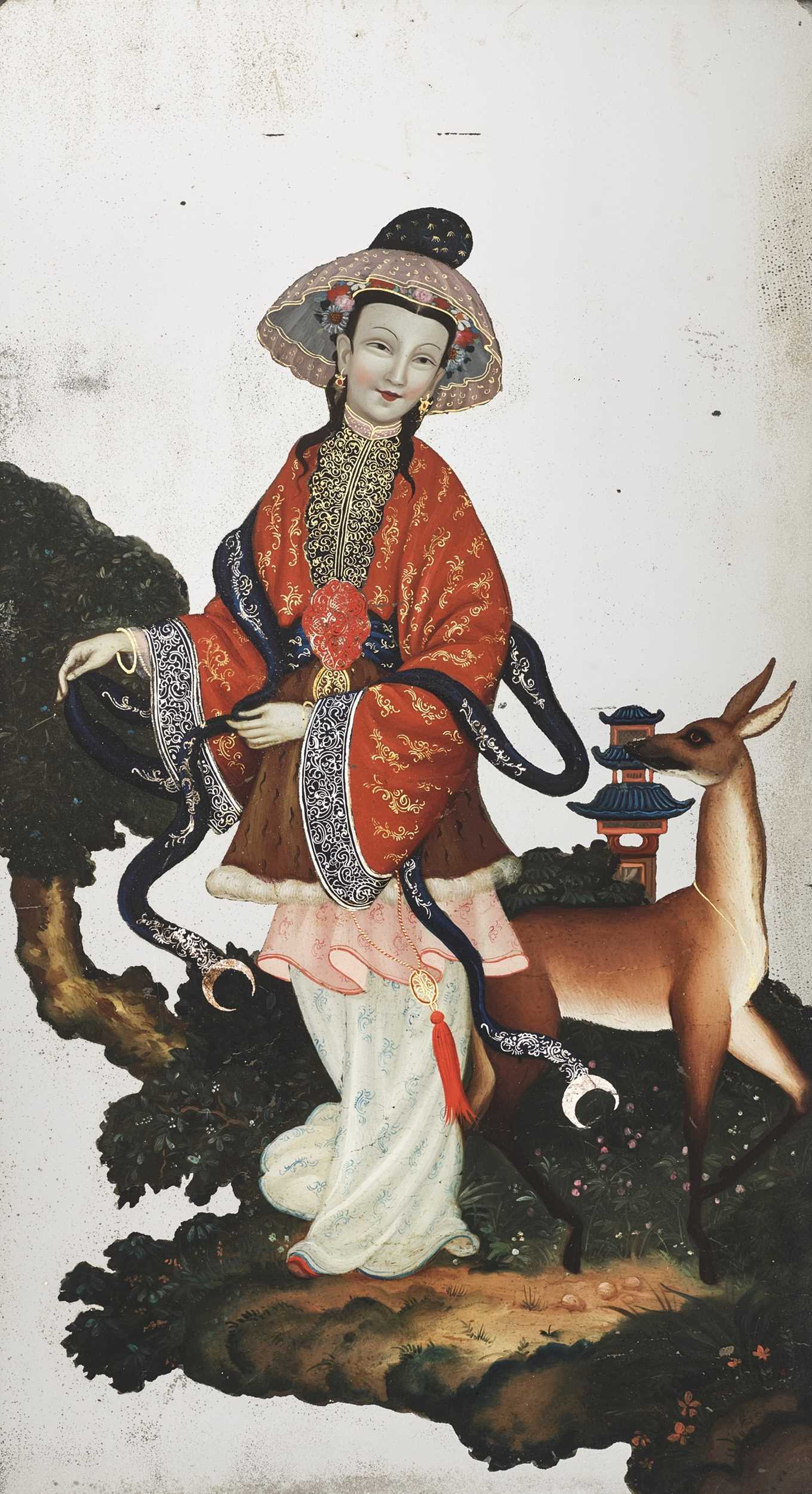 Lot 203 - A REVERSE-GLASS MIRROR PAINTING OF A NOBLE LADY WITH DEER, CANTON SCHOOL, QING DYNASTY