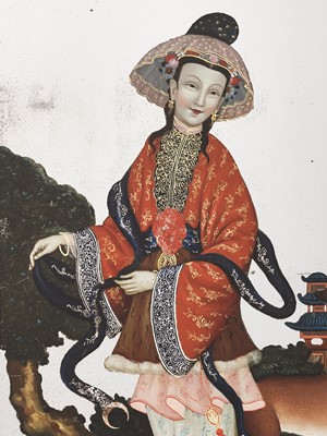 Lot 203 - A REVERSE-GLASS MIRROR PAINTING OF A NOBLE LADY WITH DEER, CANTON SCHOOL, QING DYNASTY