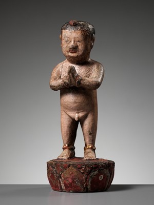Lot 506 - A LACQUERED WOOD FIGURE OF THE INFANT BUDDHA, MING DYNASTY