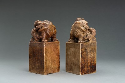 Lot 92 - A LARGE PAIR OF ‘BUDDHIST LIONS’ SOAPSTONE SEALS