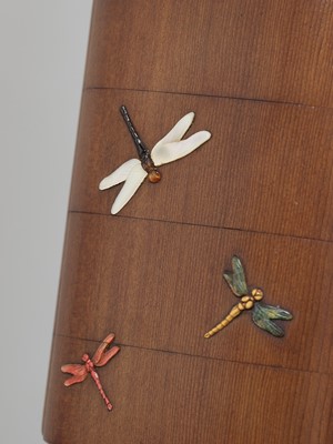 Lot 191 - A RARE INLAID AND LACQUERED HINOKI WOOD THREE CASE INRO WITH DRAGONFLIES