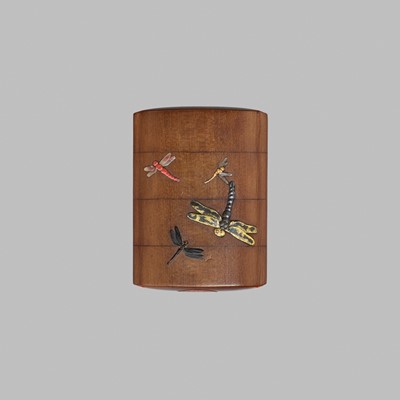 Lot 191 - A RARE INLAID AND LACQUERED HINOKI WOOD THREE CASE INRO WITH DRAGONFLIES