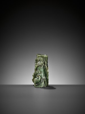 Lot 352 - A SPINACH GREEN JADE ‘PINE, LINGZHI AND BAMBOO’ VASE, 18TH CENTURY