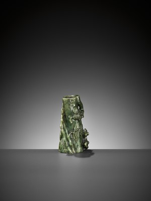 Lot 352 - A SPINACH GREEN JADE ‘PINE, LINGZHI AND BAMBOO’ VASE, 18TH CENTURY