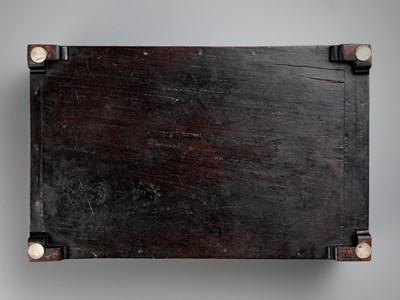 Lot 18 - AN IMPERIAL ‘DRAGON’ HARDWOOD CHEST, COMMEMORATING THE RENOVATION OF THE JADE PEAK PAGODA BY EMPEROR QIANLONG