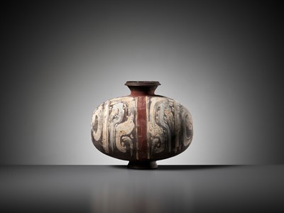 Lot 345 - AN ABSTRACTLY PAINTED POTTERY COCOON JAR, HAN DYNASTY