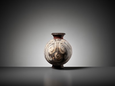 Lot 345 - AN ABSTRACTLY PAINTED POTTERY COCOON JAR, HAN DYNASTY