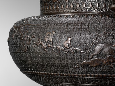 Lot 81 - SHOKAKEN: A LARGE AND EXCEPTIONAL BRONZE KORO (INCENSE BURNER) AND COVER WITH THE TWELVE ANIMALS OF THE ZODIAC (JUNISHI)