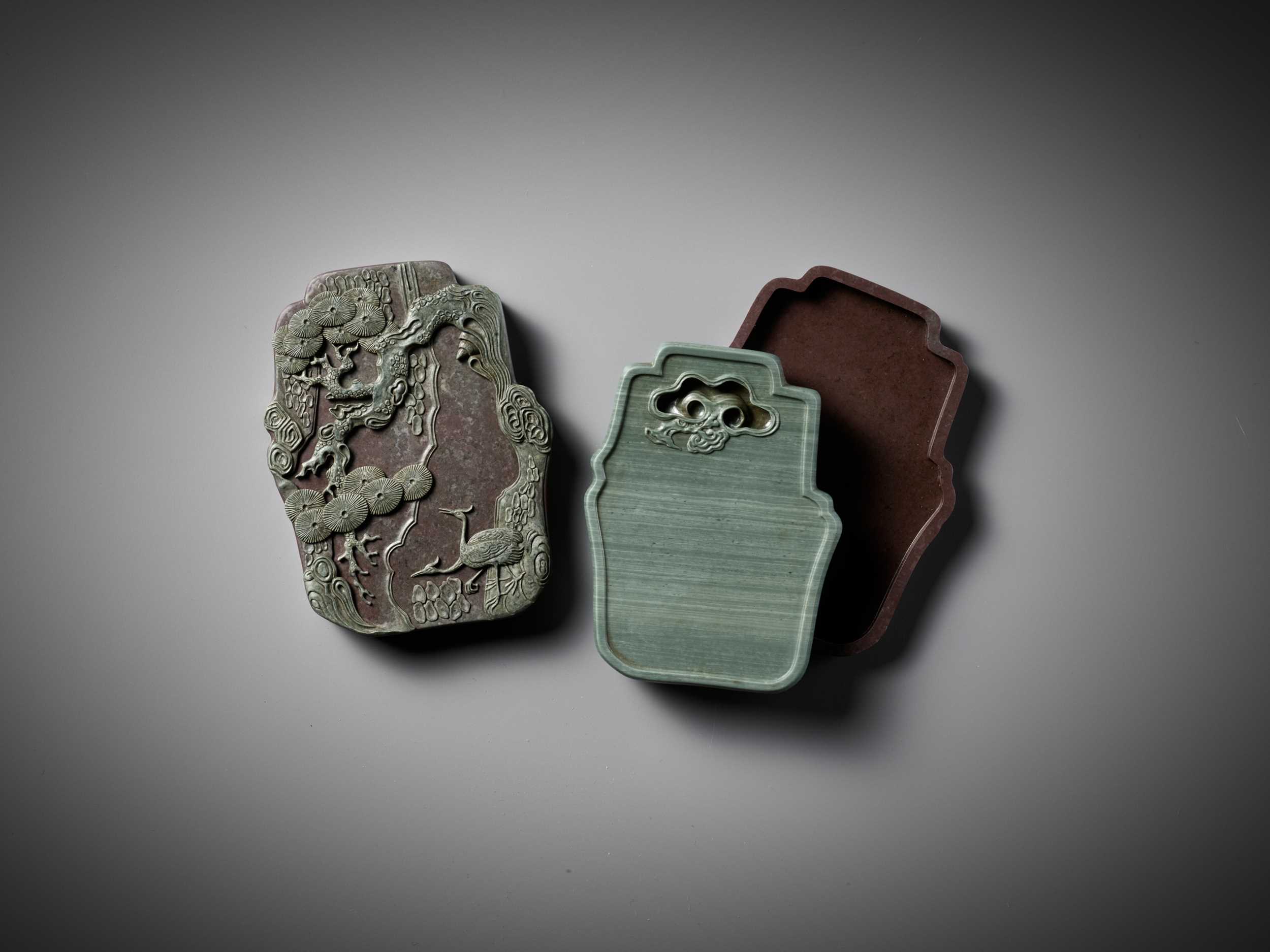 Lot 26 - A SONGHUA INK STONE, BOX AND COVER, QIANLONG