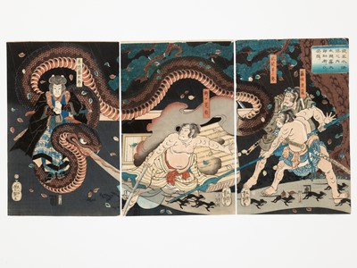 Lot 107 - UTAGAWA YOSHITSUYA: A COLOR WOODLOCK PRINT TRIPTYCH DEPICTING KOGAKURE NO KIRITARO, DATED 1861