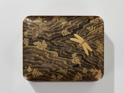 Lot 10 - A FINE LACQUER BOX AND COVER DEPICTING INSECTS WITH INTERIOR TRAY