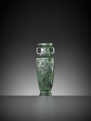 Lot 57 - A SPINACH GREEN JADE MINIATURE ‘ARCHAISTIC’ VASE, 18TH-19TH CENTURY