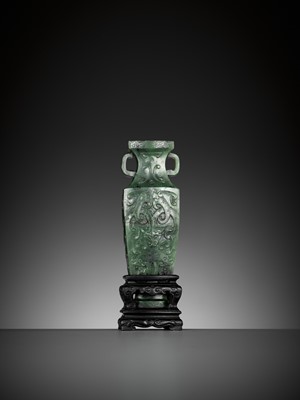 Lot 57 - A SPINACH GREEN JADE MINIATURE ‘ARCHAISTIC’ VASE, 18TH-19TH CENTURY