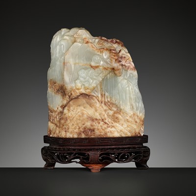 Lot 113 - A CELADON AND RUSSET JADE MINIATURE MOUNTAIN, QING DYNASTY