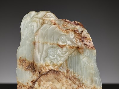 Lot 359 - A CELADON AND RUSSET JADE MINIATURE MOUNTAIN, QING DYNASTY