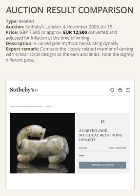 Lot 334 - A GRAY JADE FIGURE OF A MYTHICAL BEAST, 17TH CENTURY