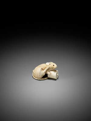 Lot 138 - MASATAMI: A FINE IVORY NETSUKE OF A RAT WITH CANDLE