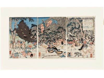 Lot 108 - UTAGAWA KUNIYOSHI: A RARE COLOR WOODBLOCK PRINT TRIPTYCH DEPICTING TADATSUNE SLAYING A GIANT BOAR