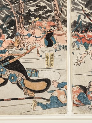Lot 108 - UTAGAWA KUNIYOSHI: A RARE COLOR WOODBLOCK PRINT TRIPTYCH DEPICTING TADATSUNE SLAYING A GIANT BOAR