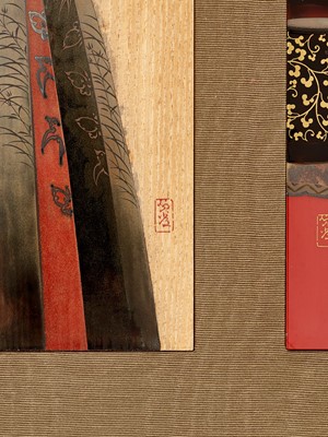 Lot 208 - SADAATSU: A FINE ZESHIN-SCHOOL SET OF FIVE LACQUER TANZAKU (POEM CARDS) WITH FIVE FESTIVALS OF JAPAN