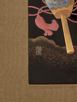 Lot 208 - SADAATSU: A FINE ZESHIN-SCHOOL SET OF FIVE LACQUER TANZAKU (POEM CARDS) WITH FIVE FESTIVALS OF JAPAN