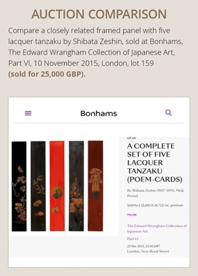Lot 208 - SADAATSU: A FINE ZESHIN-SCHOOL SET OF FIVE LACQUER TANZAKU (POEM CARDS) WITH FIVE FESTIVALS OF JAPAN