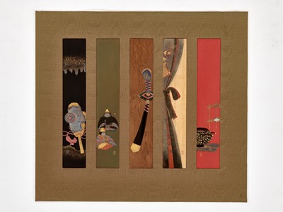 Lot 208 - SADAATSU: A FINE ZESHIN-SCHOOL SET OF FIVE LACQUER TANZAKU (POEM CARDS) WITH FIVE FESTIVALS OF JAPAN