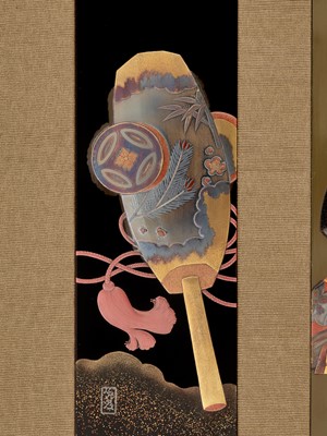 Lot 208 - SADAATSU: A FINE ZESHIN-SCHOOL SET OF FIVE LACQUER TANZAKU (POEM CARDS) WITH FIVE FESTIVALS OF JAPAN