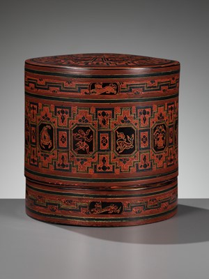 Lot 648 - A FOUR-TIERED LACQUERED BAMBOO BETEL BOX, KUN-IT, 1900-1960