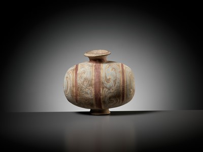 Lot 372 - AN ABSTRACTLY PAINTED POTTERY COCOON JAR, HAN DYNASTY