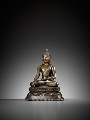 Lot 161 - A COPPER-INLAID BRASS FIGURE OF BUDDHA VAJRASANA, 12TH-13TH CENTURY