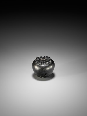 Lot 92 - SEIYODO TOMIHARU: A SUPERB EBONY WOOD NETSUKE OF A PERSIMMON WITH METAL-APPLIED ANT