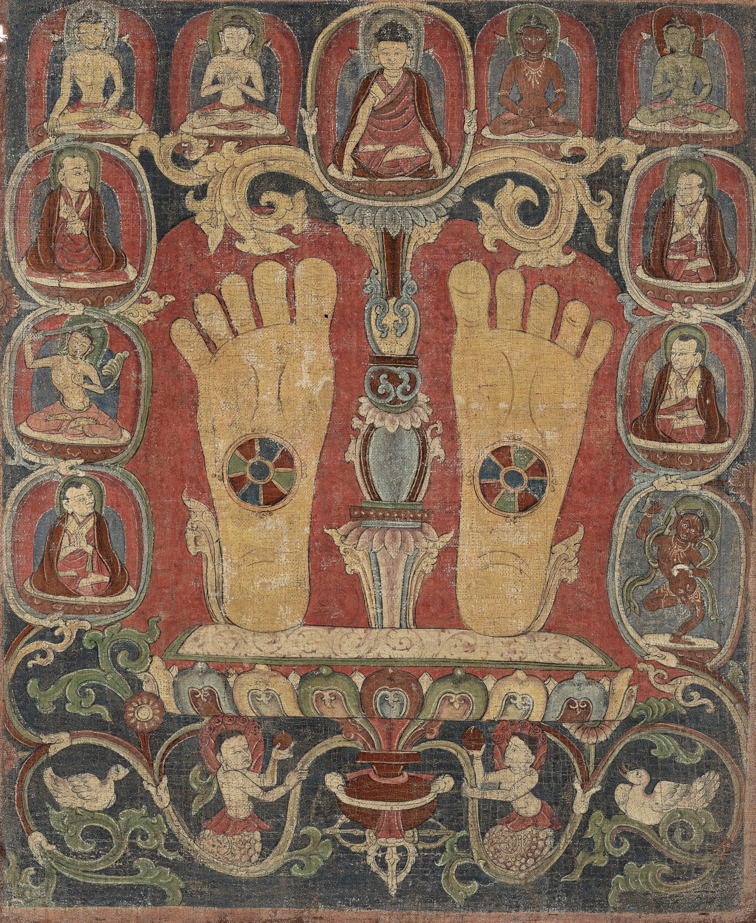 Lot 184 - A RARE THANGKA WITH THE FOOTPRINTS OF A