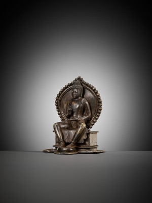 Lot 687 - A BRONZE FIGURE OF BUDDHA ON A THRONE