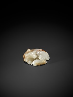Lot 177 - A WHITE AND RUSSET JADE GROUP OF A WATER BUFFALO AND A CALF, 18TH - 19TH CENTURY