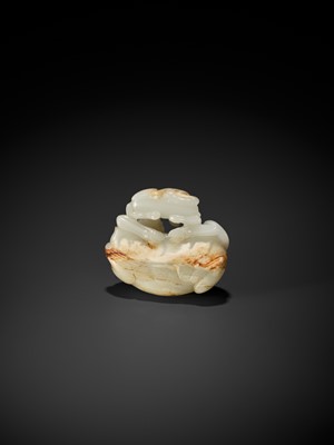Lot 347 - A WHITE AND RUSSET JADE GROUP OF A WATER BUFFALO AND A CALF, 18TH - 19TH CENTURY