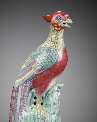 Lot 260 - A FAMILLE ROSE FIGURE OF A PHOENIX, PAN YUNLONG MARK, 19TH CENTURY