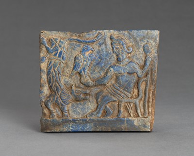 Lot 992 - A LAPIS LAZULI FRIEZE OF A DIGNITARY WITH TIGER