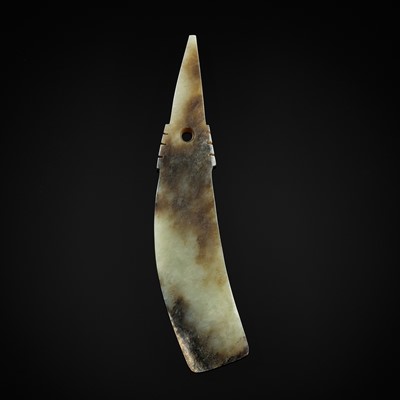 Lot 793 - A CELADON AND RUSSET QI JADE BLADE, QIJIA CULTURE