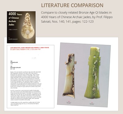 Lot 793 - A CELADON AND RUSSET QI JADE BLADE, QIJIA CULTURE