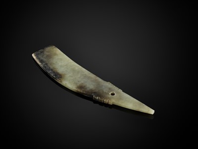 Lot 793 - A CELADON AND RUSSET QI JADE BLADE, QIJIA CULTURE