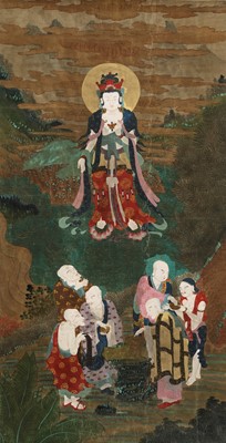 Lot 414 - AN EXTREMELY LARGE ‘GUANYIN AND LUOHAN’ BUDDHIST TEMPLE PAINTING, MING DYNASTY OR EARLIER