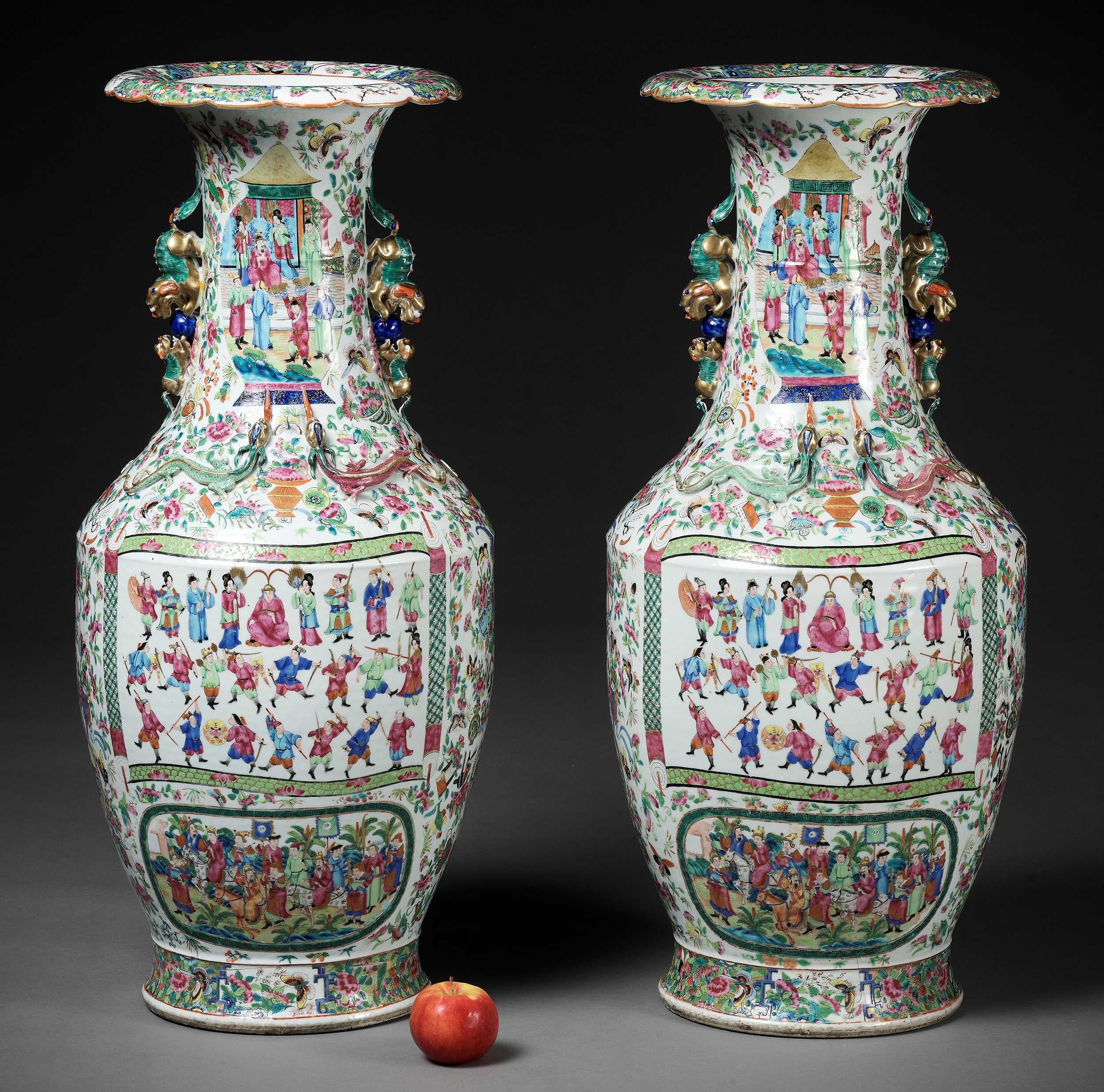 Lot 130 - AN EXCEPTIONALLY LARGE PAIR OF FAMILLE ROSE PALACE VASES, 19TH CENTURY