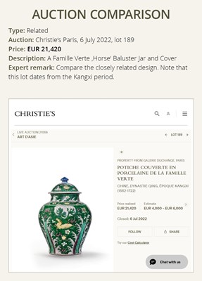 Lot 435 - A FAMILLE VERTE ‘GALLOPING HORSES’ BALUSTER JAR AND COVER, LATE QING DYNASTY
