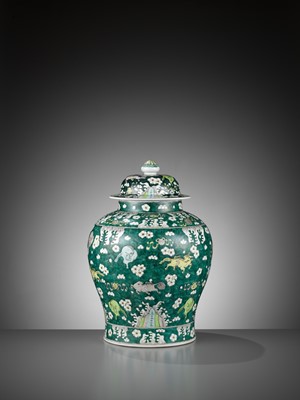 Lot 435 - A FAMILLE VERTE ‘GALLOPING HORSES’ BALUSTER JAR AND COVER, LATE QING DYNASTY