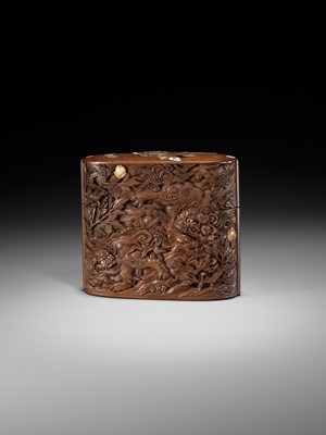 Lot 348 - A LARGE AND FINE INLAID AND CARVED WOOD TONKOTSU WITH DRAGON, TIGER AND SHISHI