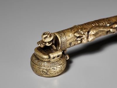 Lot 295 - A COPPER ALLOY ‘DRAGON AND LINGZHI’ TRAVEL WRITING SET, 17TH-18TH CENTURY